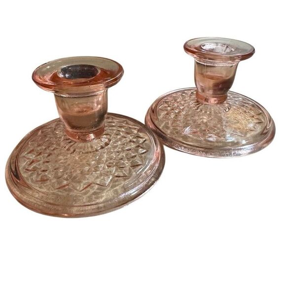 Imperial Glass Pink Depression Glass Diamond Quilted Candlestick Holders 1930s - Picture 4 of 4